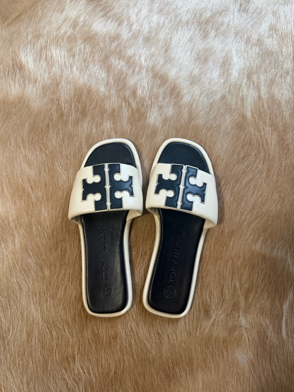 Tory Burch Cream and Black Logo Slide Sandals Size 6
